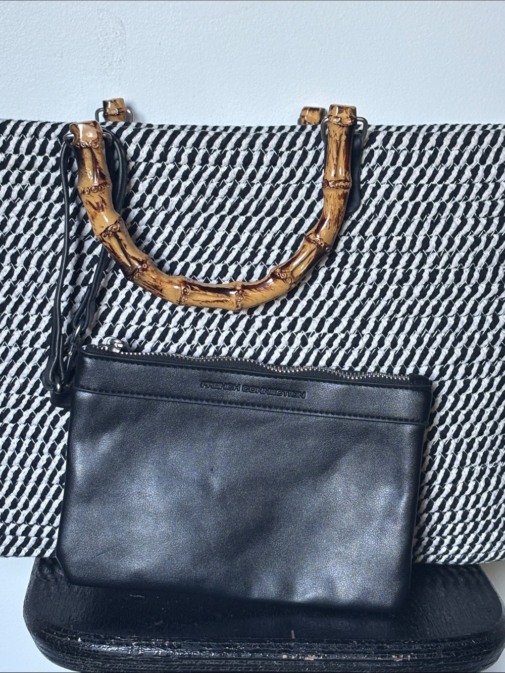 Woven Cotton Black White Tote with Bamboo Handles and Wristlet